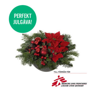 Julgrupp med julstjärnor, vaktelbär, gran/tall och julpynt. Skicka julgruppen med blomsterbud från Interflora och önska God Jul!