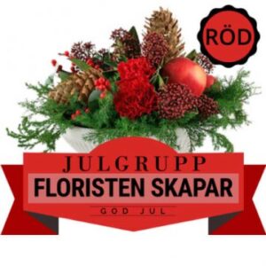 Låg, rund julgrupp - floristen skapar med tillgängliga julblommor o. pynt. Ett alternativ hos Florister i Sverige.