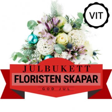 Låt floristen skapa en festlig julbukett i vitt och andra ljusa färger. Ett alternativ hos Florister i Sverige.